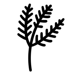 Vector icon sprig with leaves. Botanical element isolated on white background. Black outline of spruce, pine, larch, horsetail branches. Hand-drawn doodle. Field grass, medicinal plant. Monochrome.