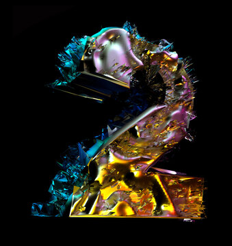3d render of abstract art 3d fantasy font with letter number two in mix of broken damaged crystal mineral glass diamond and silver metal foil material in yellow color on isolated black background 