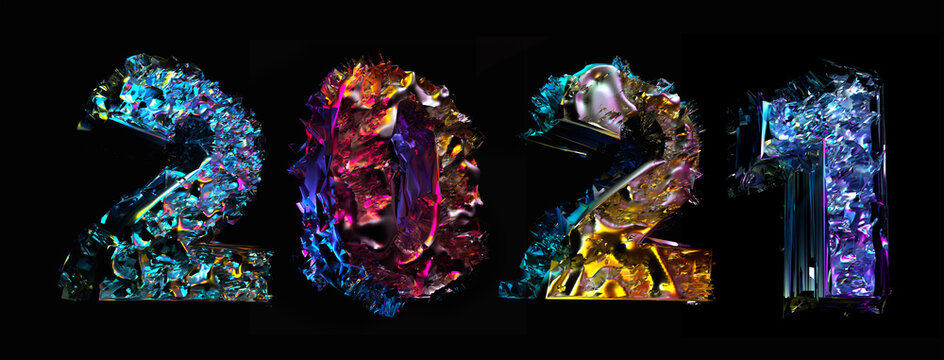 3d render of abstract art with surreal number 2021 or twenty twenty one year number in metallic texture with damaged parts with glass crystal elements in neon purple green yellow and blue gradient 