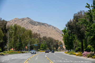 Daytime view of a suburban neighborhood in Moreno Valley, California, USA.