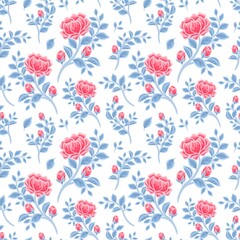 Vintage winter floral seamless pattern of red peony flowers and blue leaf branch vector illustration arrangements for fabric, textile, women fashion, gift paper, feminine and beauty products