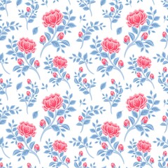 Vintage winter floral seamless pattern of red peony flowers and blue leaf branch vector illustration arrangements for fabric, textile, women fashion, gift paper, feminine and beauty products © Artflorara