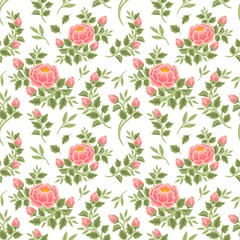 Vintage summer floral seamless pattern of peach peony bouquet, flower buds and leaf branch illustration arrangements for fabric, textile, women fashion, gift paper, feminine and beauty products