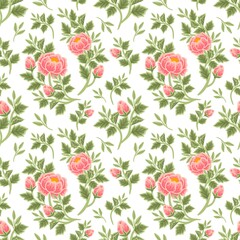 Vintage summer floral seamless pattern of peach peony bouquet, flower buds and leaf branch illustration arrangements for fabric, textile, women fashion, gift paper, feminine and beauty products