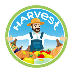 Round icon with farmer and harvest on blue background.