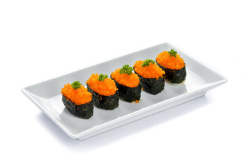 Japanese Sushi,Tobiko sushi food,Tobiko roe sushi fish egg on plate, isolated on white background © maya1313