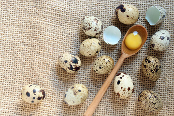 Quail eggs and wooden spoon