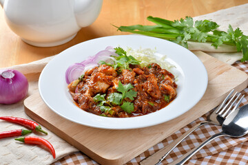 Close up Spicy Chicken Salad on the table ,Thaifood