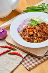 Close up Spicy Chicken Salad on the table ,Thaifood
