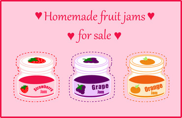 Set of 3 isolated cute jam containers of different flavors on a pink background with words. Vector illustration of bottles of jam. Strawberry, grape and orange. Pink, purple, orange. Ad for jam.