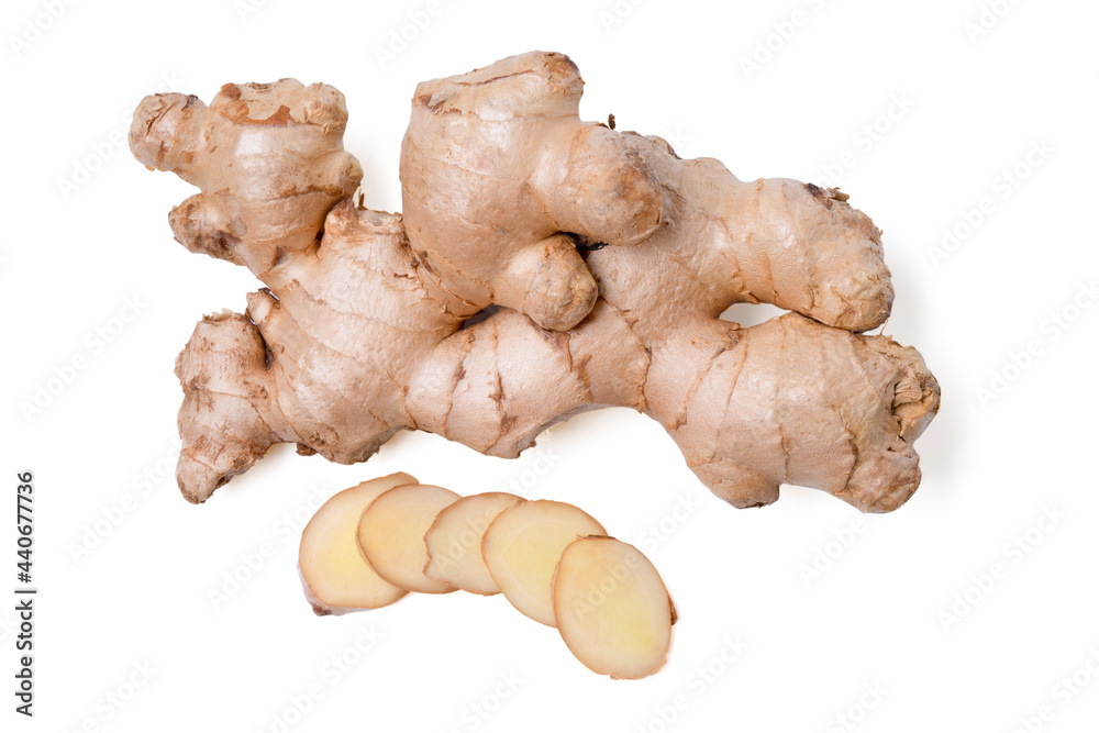 Wall mural fresh ginger root rhizome with shredded ginger on white background,