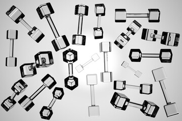 3d illustration of transparent flying dumbbells fly on a gray background.