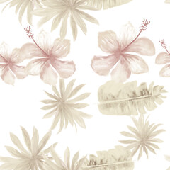 White Seamless Textile. Brown Pattern Leaves. Gray Tropical Textile. Banana Leaves. Flower Illustration. Floral Botanical. Watercolor Hibiscus. Decoration Texture.