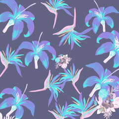 Fototapeta na wymiar Navy Pattern Plant. Blue Tropical Textile. Indigo Floral Texture. Coral Flora Background. Cobalt Decoration Illustration. Purple Wallpaper Texture. Violet Spring Design.