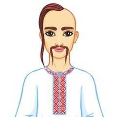 Animation portrait of the young Ukrainian man in national clothes. Eastern Europe. Vector illustration isolated on a white background.