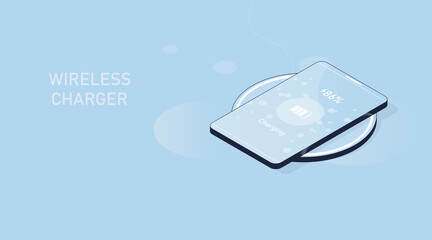 Wireless charger. Isometric 3d vector infographic illustration. Smartphone screen with charging pad on blue background