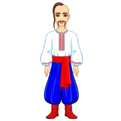 Animation portrait of the young Ukrainian man in traditional clothes.  Full growth. Vector illustration isolated on a white background.