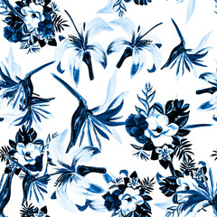 Blue Seamless Foliage. Navy Pattern Nature. Indigo Tropical Art. Gray Flower Texture. Cobalt Watercolor Botanical. Decoration Hibiscus. Azure Summer Nature.