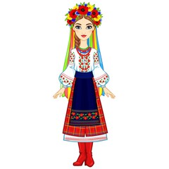 Animation portrait of the young Ukrainian girl in traditional clothes, a wreath and tapes. Full growth. Vector illustration isolated on a white background.