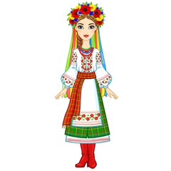 Animation portrait of the young Ukrainian girl in traditional clothes. Full growth. Vector illustration isolated on a white background.