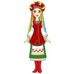 Animation portrait of the young Ukrainian girl in traditional clothes, a wreath and tapes. Full growth. Vector illustration isolated on a white background.