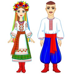 Animation portrait of the Ukrainian family in national  clothes. Full growth. Eastern Europe. Vector illustration isolated on a white background.