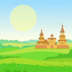 Animation landscape: green valley, ancient Slavic city, tower, fence, churches. The place for the text. Vector illustration.