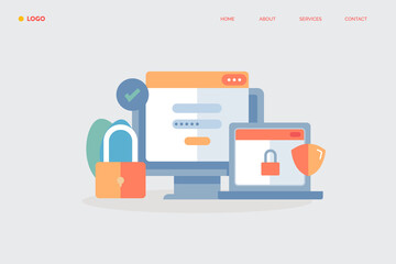 Internet digital website data security concept- business technology background, data protection cyber security software, secure login password, shield and padlock.