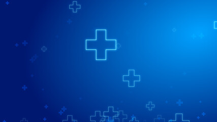 Medical health blue cross neon light shapes pattern healthcare technology background.