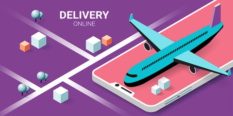 Online delivery service on mobile, Global logistic, transportation. Online order. Air freight logistics. airplane, warehouse and parcel box. Concept for website or banner. Isometric Vector illustratio