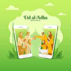 eid al adha greeting card. muslim family sharing the meat of sacrificial animal for poor people through smartphone screen concept