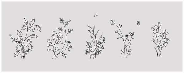 minimal botanical graphic sketch line art drawing, trendy tiny tattoo design, floral elements vector illustration