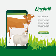Online Qurban mobile application concept. Illustration of a smart phone with sacrificial animal for Eid al Adha
