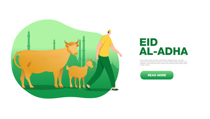 Eid al Adha mubarak greeting concept with people character bring sacrificial animal for web landing page template, banner, presentation, social, and print media