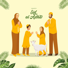 Eid al Adha greeting card. cartoon muslim family celebrating Eid al Adha with sacrificial animal