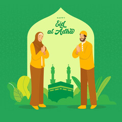 Eid al Adha greeting card. cartoon arab couple celebrating Eid al Adha with kaaba as background