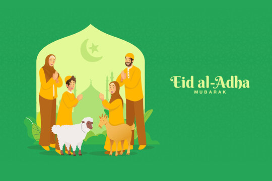 Eid Al Adha Greeting Card. Cartoon Muslim Family Celebrating Eid Al Adha With A Goat An Sheep For Sacrificial Animal