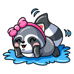 Cute baby raccoon girl cartoon on water