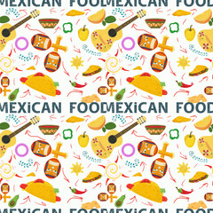 Flat endless seamless pattern on the theme of Mexican food guitar maracas lime pepper burrito on a white background