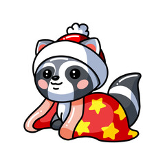 Cute baby raccoon cartoon with hat and blanket