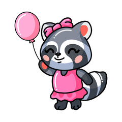 Cute baby raccoon girl cartoon holding pink balloon