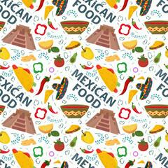 Flat endless seamless pattern on the theme of Mexican food pyramid of Indians sauce and red chili pepper on a white background
