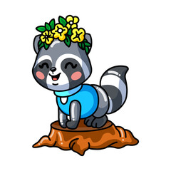 Cute baby raccoon cartoon standing on the stump