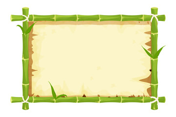 Asian green bamboo wooden frame with parchment and leaves in cartoon style isolated on white background. Empty signboard, template poster. Vector illustration