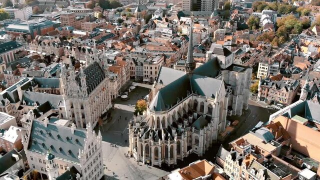 Scenic St. Peter's Church in Leuven Grote Markt - Aerial Fly-over