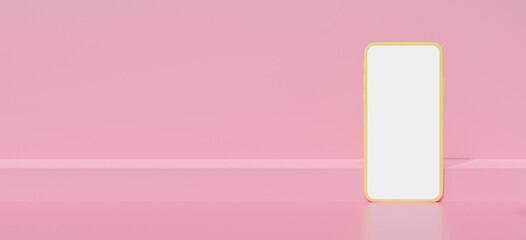 3D rendering of phone mobile apps on pastel pink background with shelf wall.