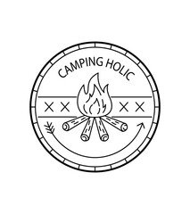 Camping holic , bonfire in mono line art, badge, emblem, T-shirt vector, Tee Design