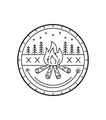 bonfire and campfire wilderness in mono line art, badge, emblem, T-shirt vector, Tee Design