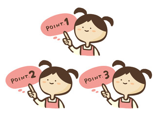 かわいいエプロンをした女性と指差しの吹き出し説明セット／手書きイラスト