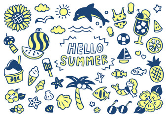 手描き　シンプル　かわいい夏の素材セット（ネイビー）
